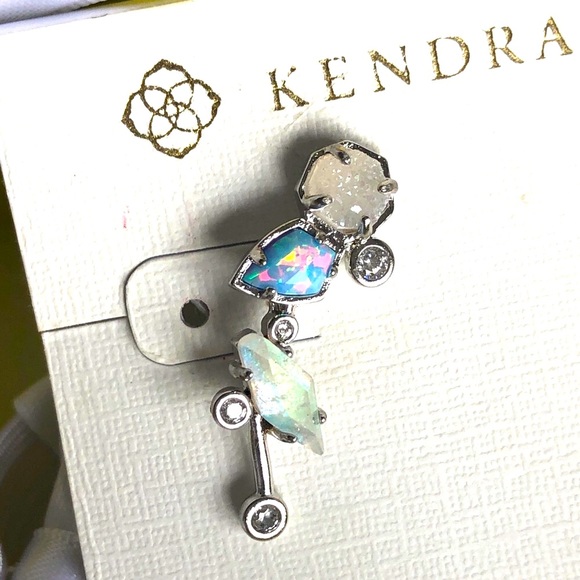 NWT RARE & Retired Kendra Scott Troian Ear Climbers Ice Blue Opal Dichroic Drusy - Picture 8 of 17